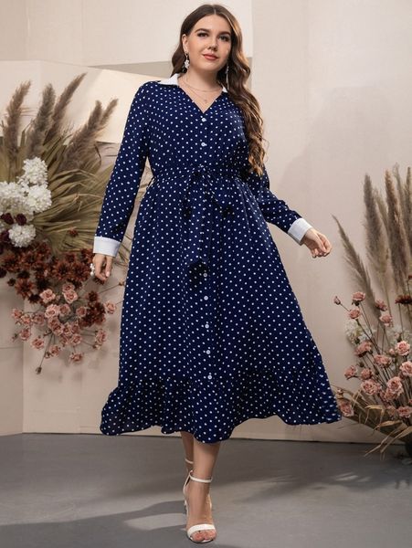 

plus polka dot contrast collar ruffle hem belted dress v39b#, Black