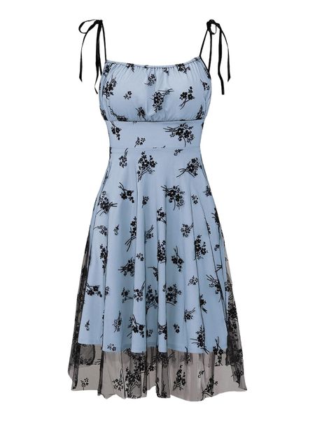 

floral mesh overlay tie shoulder cami dress 88r0#, Black;gray