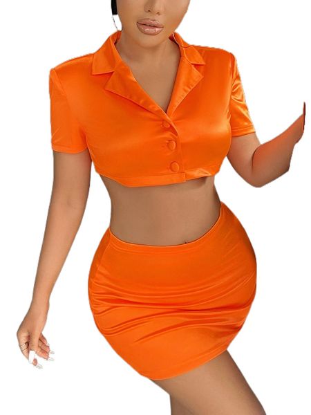 

sxy solid satin crop blouse & bodycon skirt e69u#, White