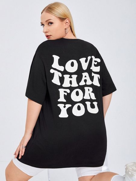 

plus slogan graphic drop shoulder tee u7sx#, Black