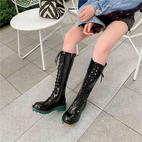 

boots british style knight new round head thick bottom lace up snowboots women winter high 220709, Black