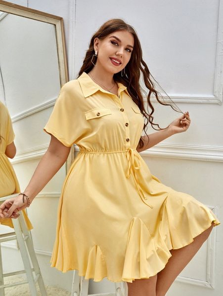 

sxy plus batwing sleeve knot front godet hem shirt dress x1u8#, Black