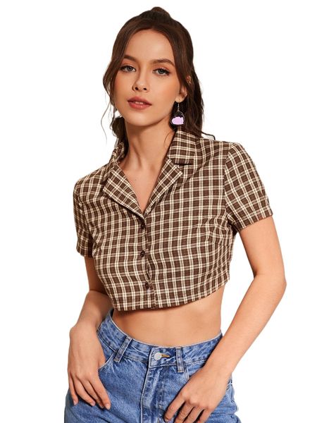 

plaid lapel collar crop blouse 681s#, White