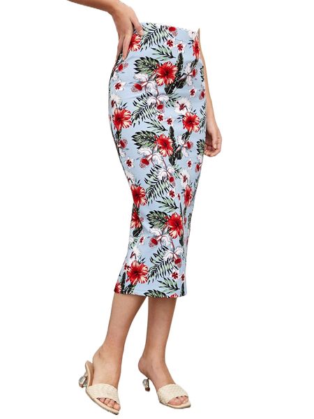 

floral & tropical print slit hem skirt v7kn#, Black