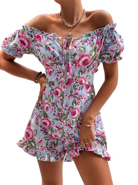

floral frill cut out knot back off shoulder romper w7a6#, Black;white