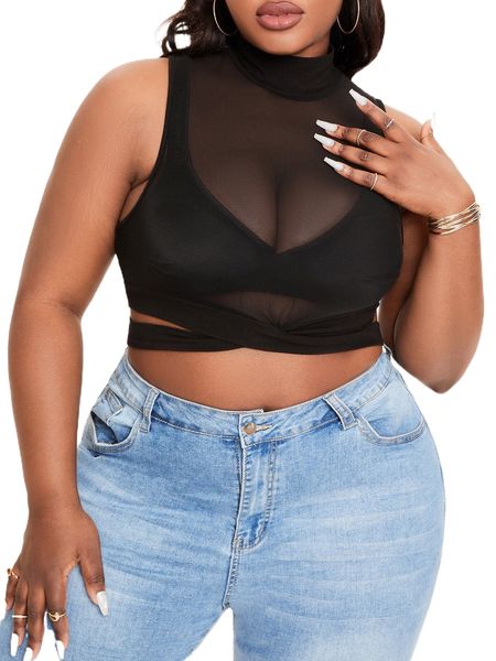 

sxy plus criss cross mock neck crop mesh tank without bra b7to#, Black