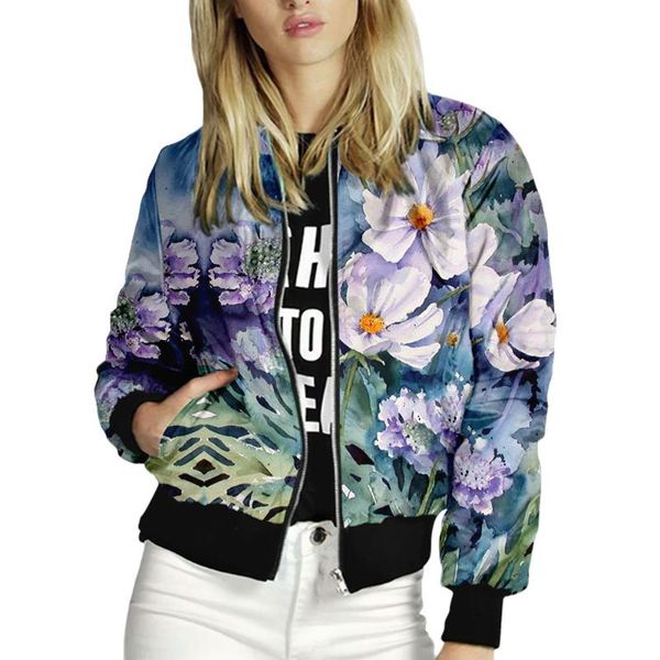 Jaquetas femininas Mulheres Floral Impresso Senhoras Zipper Up Bomber Outwear Primavera Outono Longa Manga Curto Fino Estilo Casual Estilo Casacos