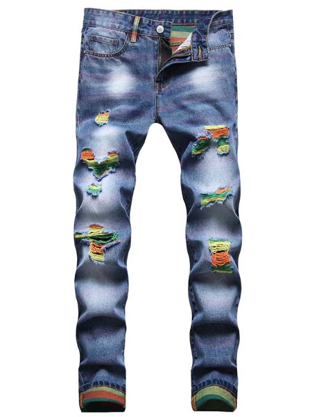 

men ripped slant pocket jeans h88w#, Blue
