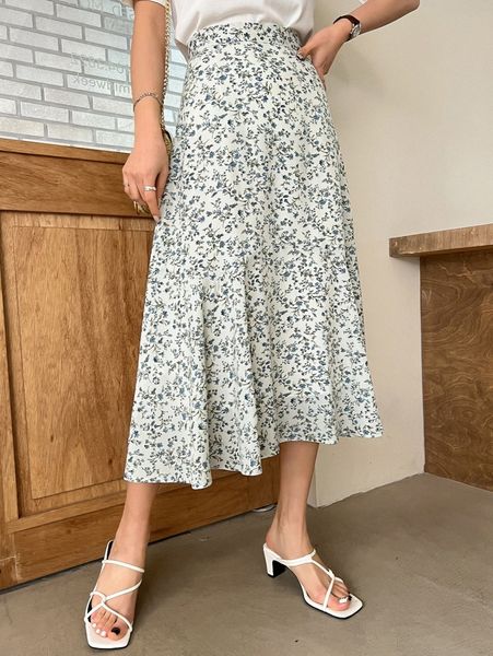 

dazy ditsy floral ruffle hem skirt 93fx#, Black