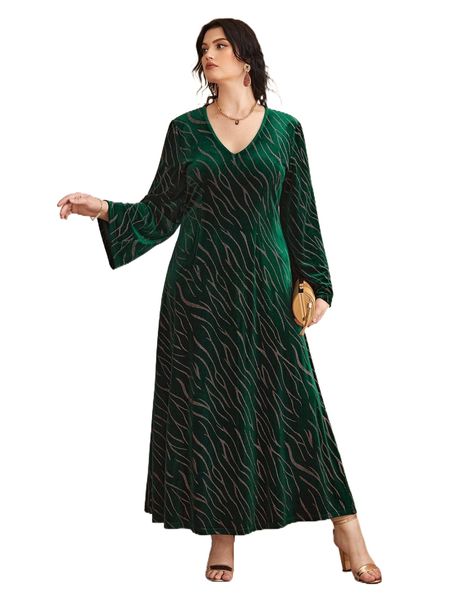 

plus zebra striped pattern trumpet sleeve velvet dress 148m#, Black