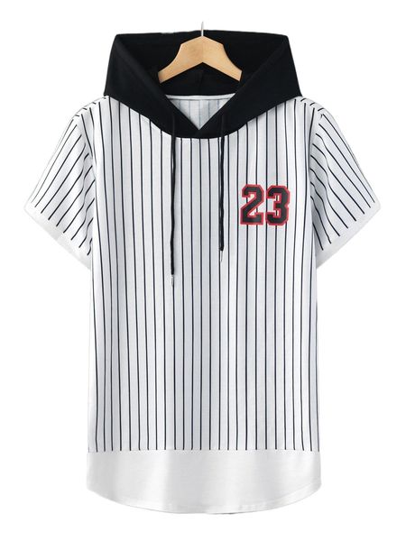 

men pinstriped & letter graphic drawstring hooded tee m0r5#, White;black