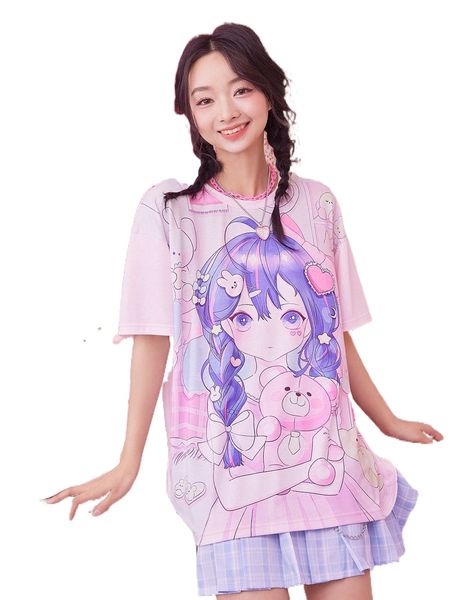 

kawaii figure & cartoon graphic oversized tee l2do#, White