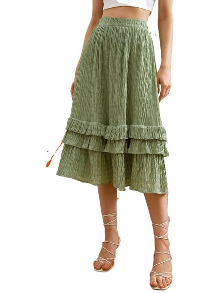 

high waist shirred layered hem skirt i425#, Black
