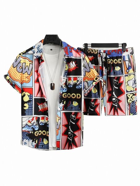 

men pop art print shirt & drawstring waist shorts without tee 51hq#, Gray