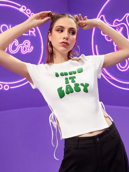

x joyandelle slogan graphic knot side rib-knit tee e6m9#, White