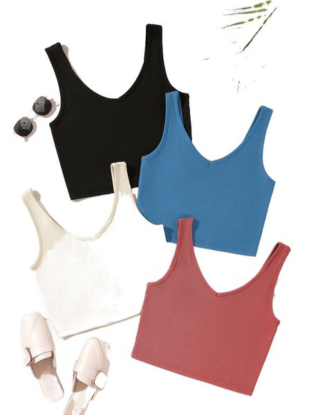 

4pcs solid ribbed knit tank 36v0#, White