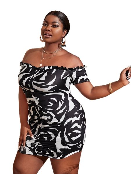 

sxy plus allover print frilled fake button bodycon dress s8fi#, Black