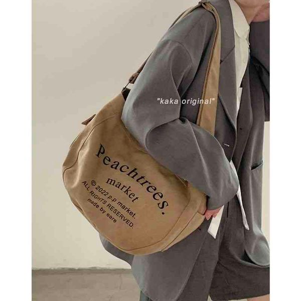 

2022 new khaki korean canvas bag letter msenger versatile large capacity retro female bags all-match single shoulder handbags