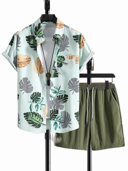 

men tropical print shirt & drawstring waist shorts without tee w5gn#, Gray