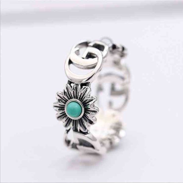 

2023 designer new fashion jewelry gujia double daisy turquoise ring old flower fashion couple ring, Silver