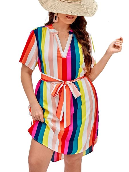 

plus block striped belted popover dress n85q#, Black