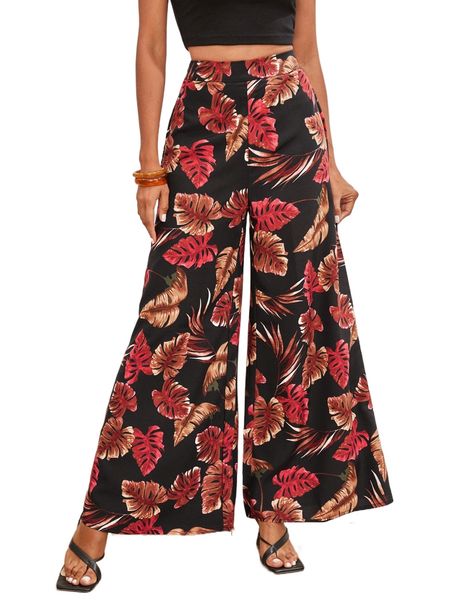 

tropical print wide leg pants 59fq#, Black;white