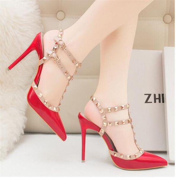 

sell casual designer lady fashion brand women fashion studded spikes point toe strappy high heels bride wedding shoes ty237d, Black