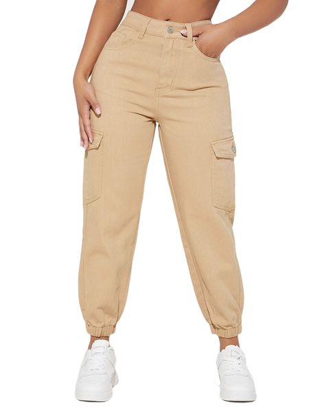 

petite single button flap pocket cargo jeans f46y#, Blue