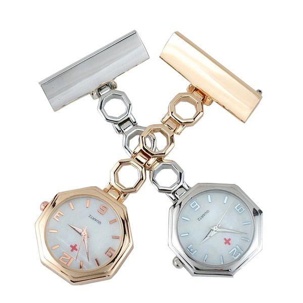 Mais novo enfermeira relógio pino broche aço inoxidável cristal rosa doutor cruz fob fob clipe relógios mulheres homens médicos enfermagem liga relógio