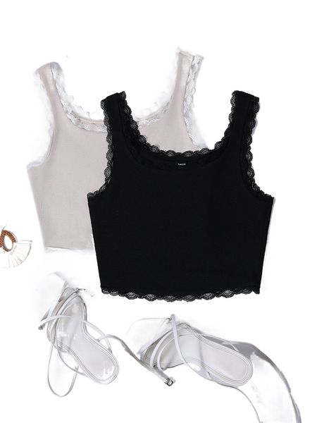 

2pcs contrast lace scallop trim crop tank 17uo#, White