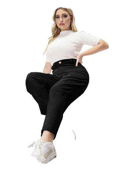 

plus solid slant pocket pants q29k#, Black