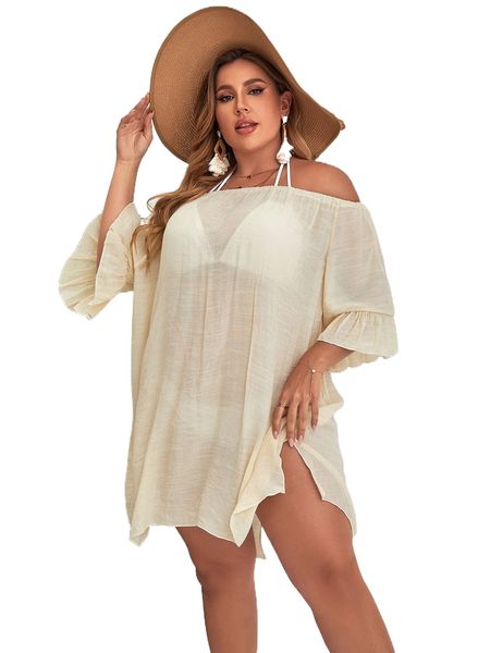 

plus flounce sleeve off shoulder cover up without bikini set z65o#, Black