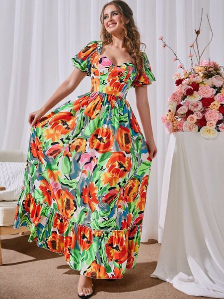 

sbetro sweetheart neck ruffle hem allover floral dress z22w#, Black;gray