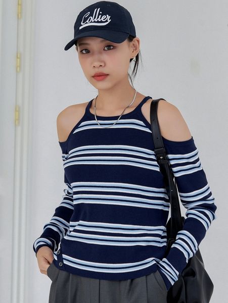 

dazy striped pattern cold shoulder sweater p84p#, White;black