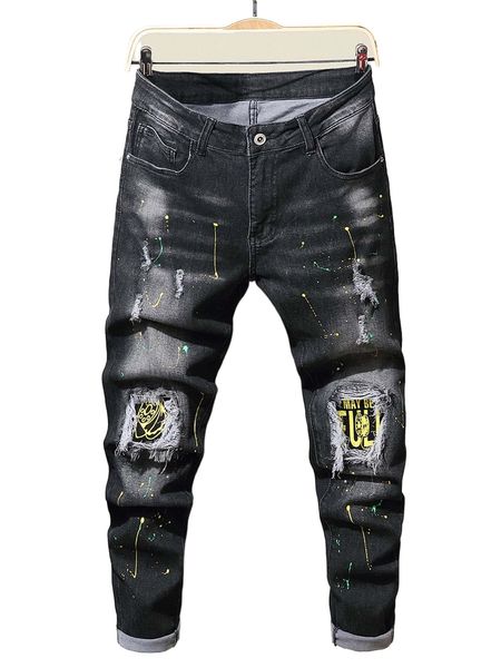 

men splatter paint ripped patched bleach wash jeans b2q1#, Blue