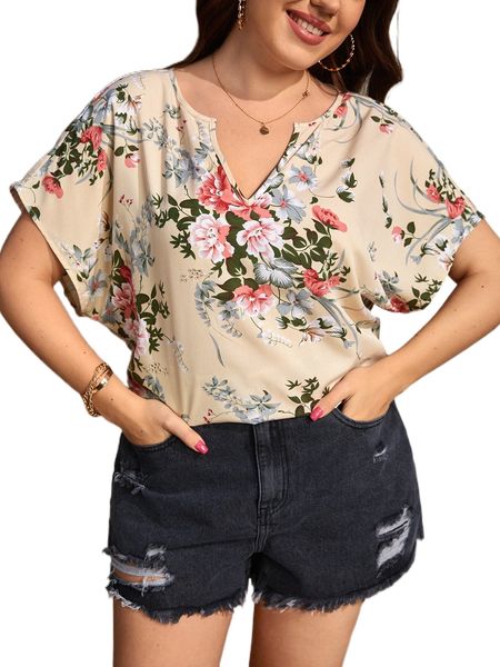 

plus floral notched neck batwing sleeve blouse k08i#, Black