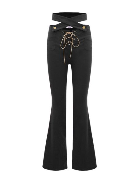 

crisscross grommet lace up front flare leg pants l7cl#, Black;white