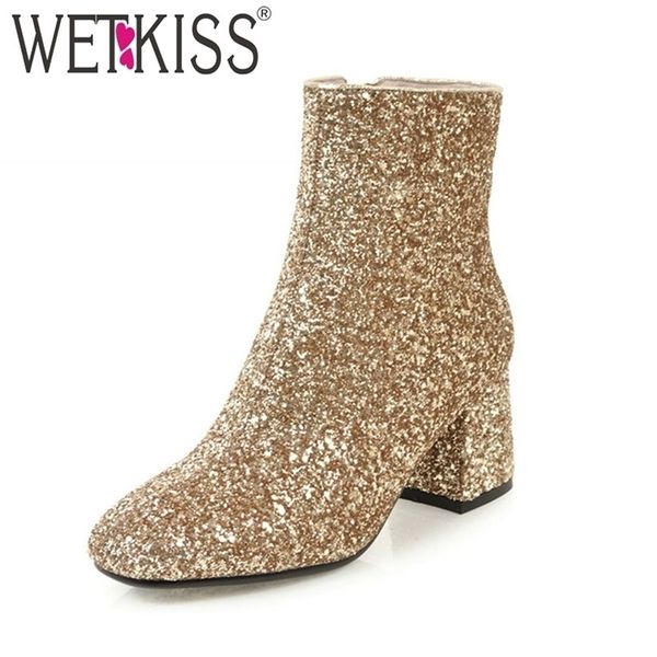 WetKiss Bling Bling Upper Ladies Angle Boots Sequined Fashion Logra High Heels Square Toe Winter Boots Gold Women 201102