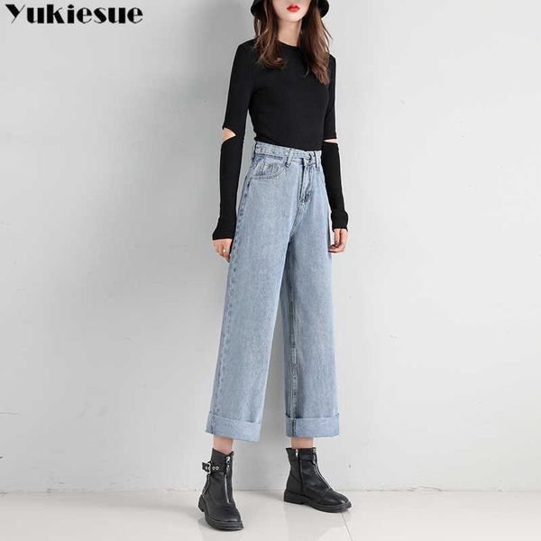 Jeans larghi comodi a vita alta a gamba larga per donna Pantaloni dritti casual taglie forti Mamma donna fidanzato lavato 210608