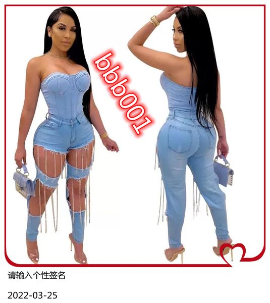 

women buttons high waist broken hole jeans fashion hip hop style long pants, Blue