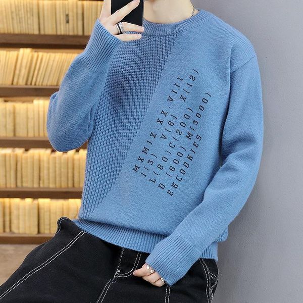 Erkek Sweaters Bahar Sonbahar Erkekler Örme Kazak Kore tarzı Slim Fit yakışıklı gündelik modaya uygun ince kişilik mektubu intarsia kazakçı