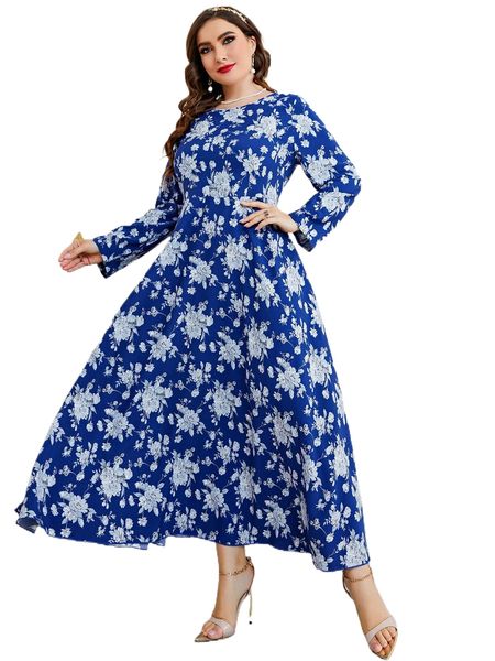 

plus allover floral print dress 51lm#, Black