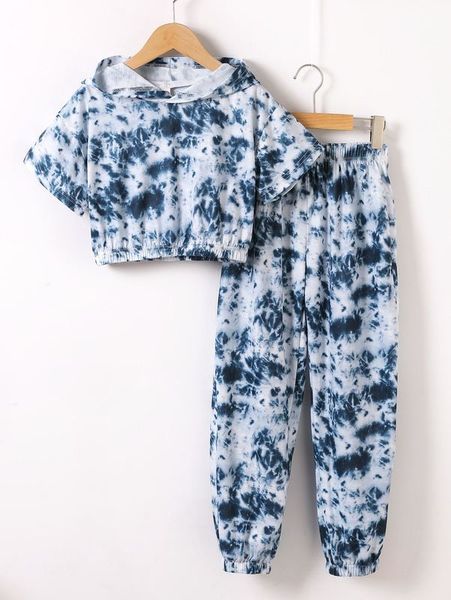 

girls tie dye drop shoulder hoodie & sweatpants she, White