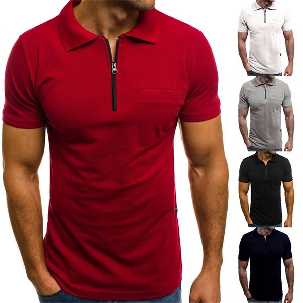 

3xl summer solid color men patch pocket zipper turn down collar short sleeve t shirt male men s clothing drop 220719, White;black