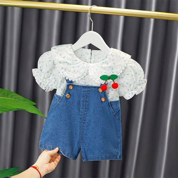 Baby Mädchen Kleidung Sommer Niedlich Puffärmel Kleinkind Outfit Spitze Revers Blumendruck Siamese Sling Süße Prinzessin 2-teiliges Set 220507