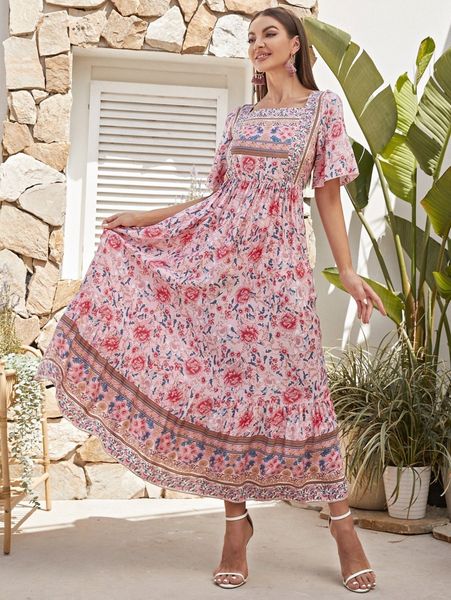 

allover floral print butterfly sleeve ruffle hem dress k6rq#, Black;gray