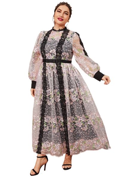 

plus lace trim lantern sleeve floral embroidery mesh overlay dress s1n4#, Black