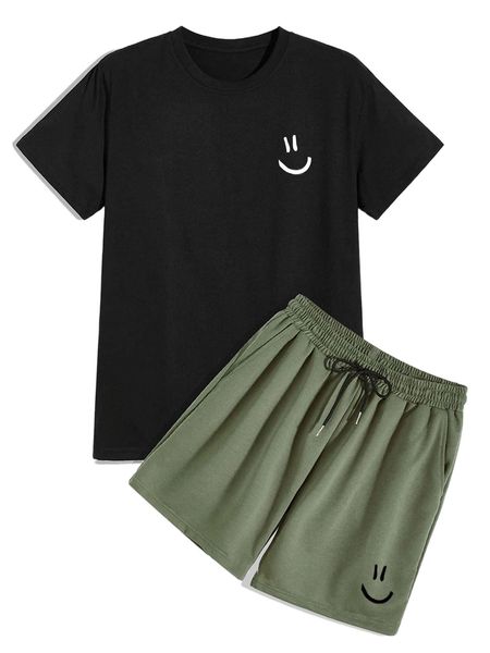 

men cartoon graphic tee & drawstring waist shorts b5hq#, Gray