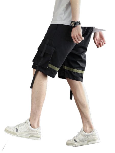 

men color block flap pocket contrast tape shorts a8dc#, White;black