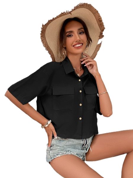 

drop shoulder flap pocket blouse l3vh#, White
